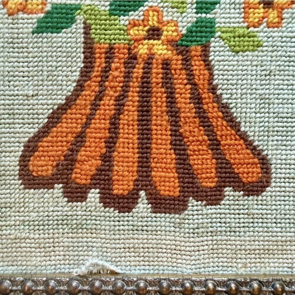 VTG 70s Needlepoint Embroidery Pear Tree Wood Frame Cottage Boho Country 18x17
